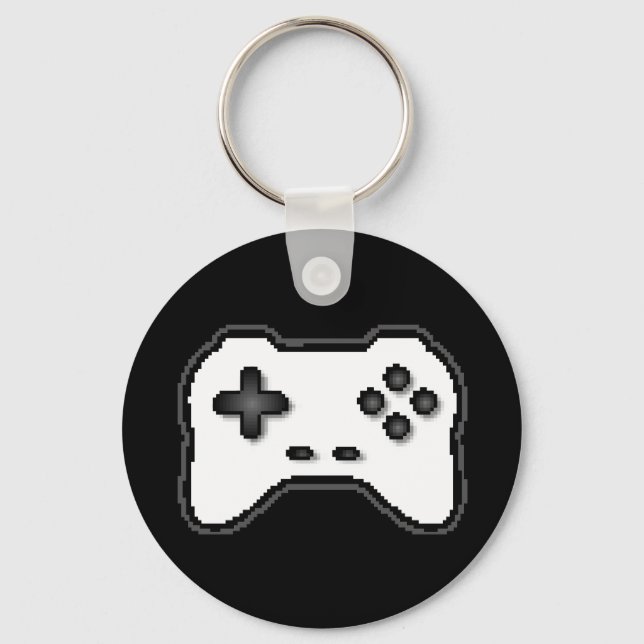 Game Controller Black White 8bit Video Game Style Keychain (Front)