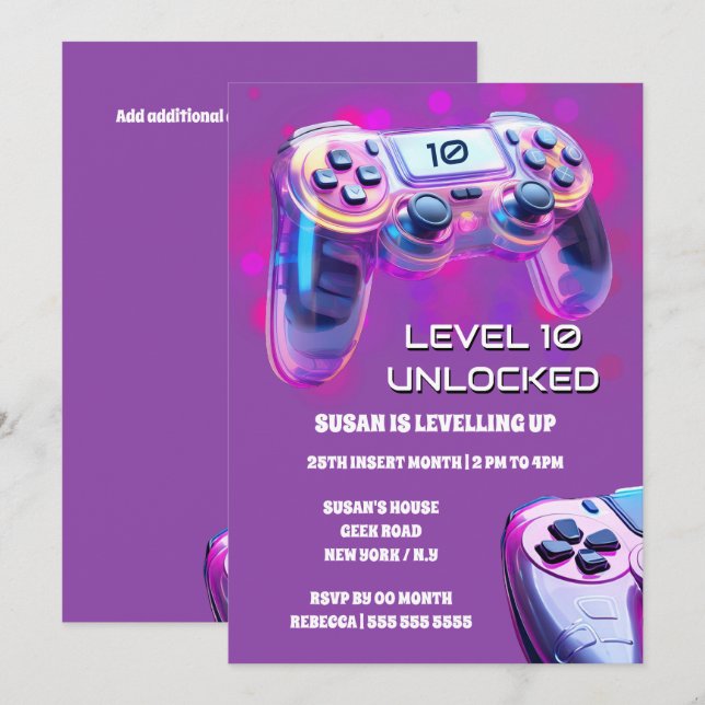 Game controller pink neon girls gamer birthday invitation (Front/Back)