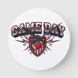 Game Day American Football Patriotic Shield Sports Round Clock