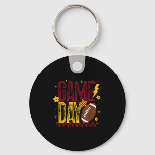 Game Day Football Season Retro Maroon Gold Checked Keychain