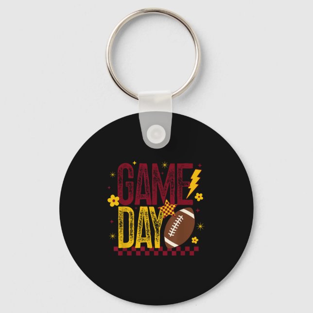 Game Day Football Season Retro Maroon Gold Checked Keychain (Front)