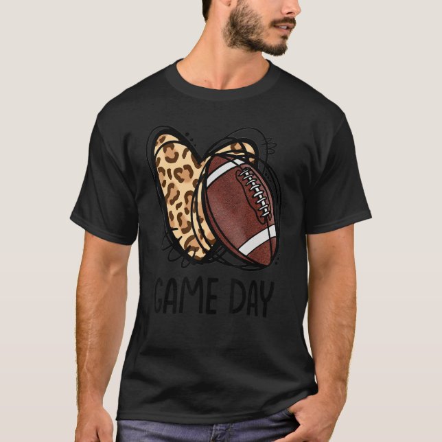 Game Day Leopard Football Love Heart Football Mom  T-Shirt (Front)