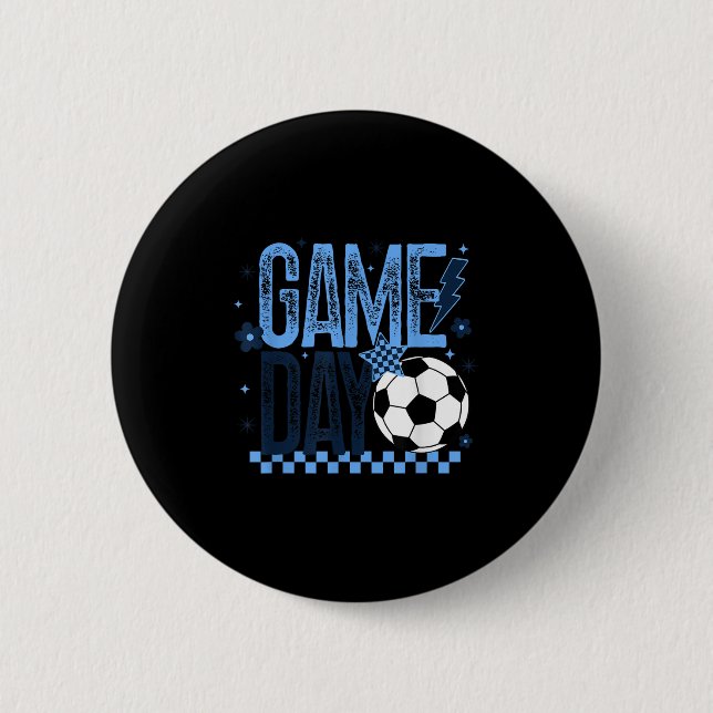 Game Day Soccer Season Retro Light Blue Chequered  2 Inch Round Button (Front)