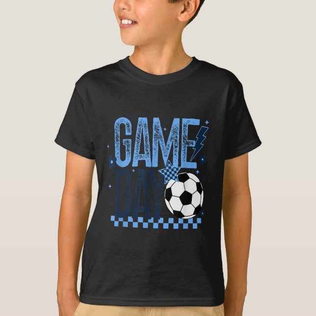 Game Day Soccer Season Retro Light Blue Chequered  T-Shirt (Front)