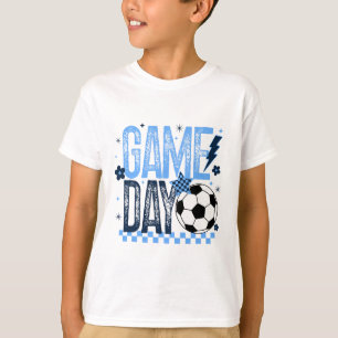 Game Day Soccer Season Retro Light Blue Chequered T-Shirt