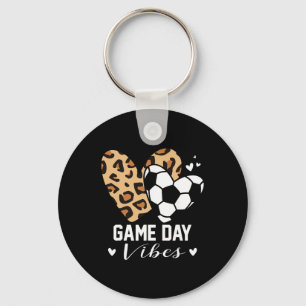 Game Day Vibes Funny Soccer Mom Leopard Heart Keychain