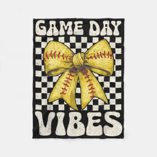 Game Day Vibes Groovy Coquette Bow Softball Women Fleece Blanket