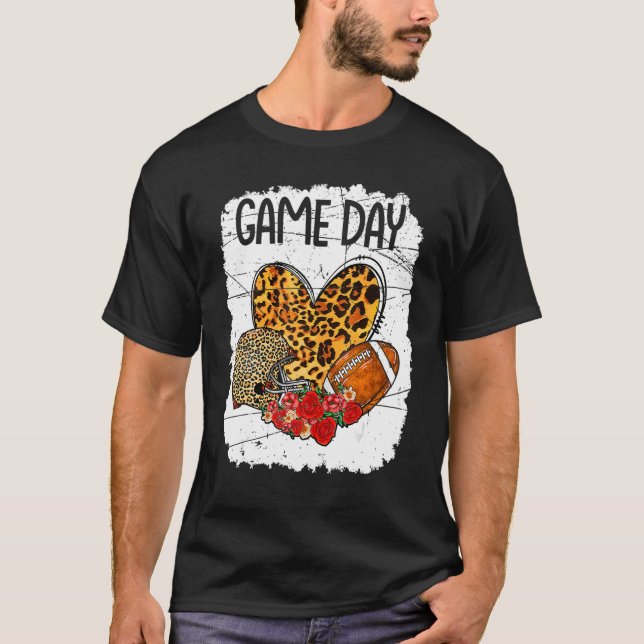 Game Day With Leopard Heart Football  Mom Bleached T-Shirt (Front)