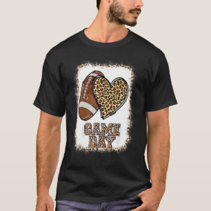 Game Day With Leopard Heart Football  Mom Bleached T-Shirt