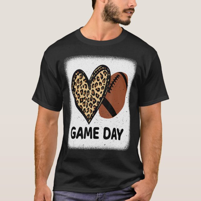 Game Day With Leopard Heart Football  Mom Bleached T-Shirt (Front)