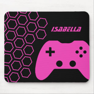 Game Hot Pink & Black Modern Personalized Name Mouse Pad