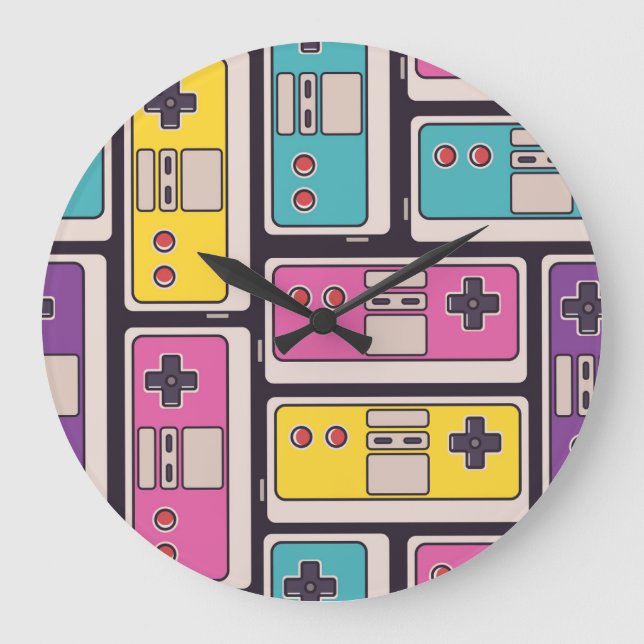 Game Joysticks Colourful Vintage Wallpaper Large Clock (Front)