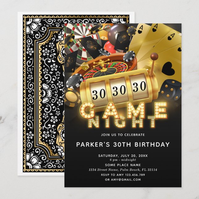 Game Night Birthday Party Black Gold Invitation (Front/Back)