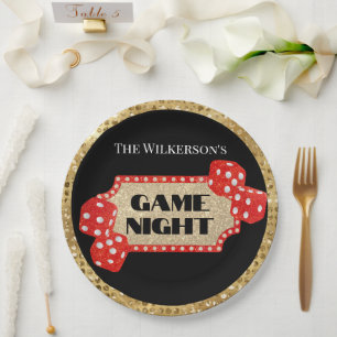 Game Night Glitter Marquee Sign on Black Paper Plate