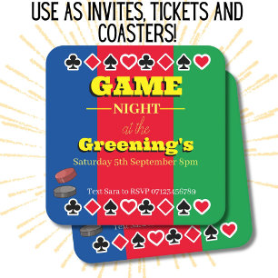 Game Night Invite, Ticket and Coaster all in one