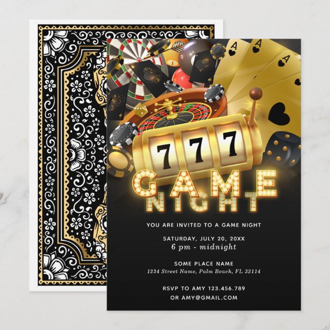Game Night Party Black Gold Invitation (Front/Back)