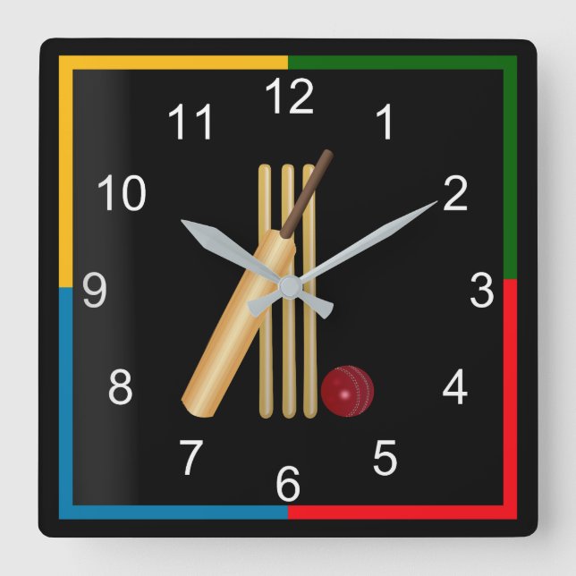 Game of Cricket, Wicket, Bat and Ball Square Wall Clock (Front)