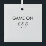 Game on add couple name wedding party place city g glass ornament<br><div class="desc">design</div>