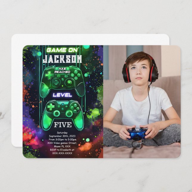 Game On, Boy Video Game Birthday Photo Invitation (Front/Back)