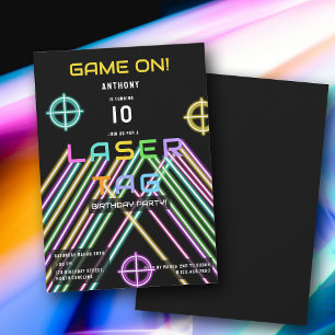  Game On Colorful Neon Laser Tag Birthday Invitation