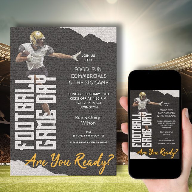 Game On Football Player Black Invitation (American Football Player on Black Bowl Game Invitations - order INSTANT DOWNLOAD, PRINTED or both!)