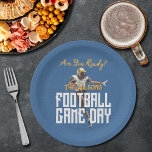 Game On Football Player on Blue Paper Plate<br><div class="desc">Football game day personalized party paper plates super fans will love featuring a football player on a blue background. Perfect for the big game,  whether high school,  college or the pros. MATCHING items in our collection.</div>