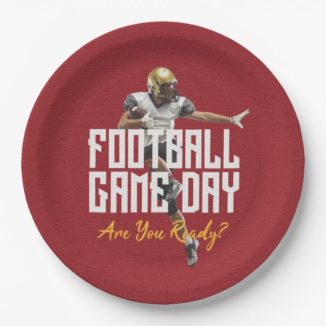 Game On Football Player on Red Paper Plate (Front)