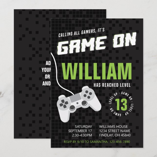 Game On Gaming Neon Green, Any Age Birthday Party Invitation (Front/Back)