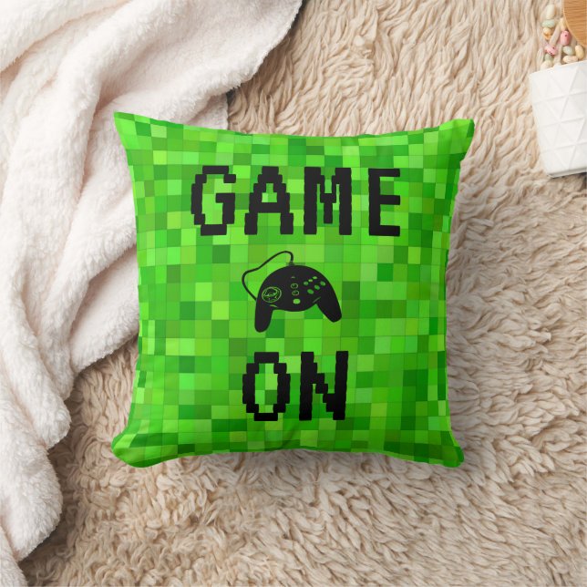 GAME ON | Green Gamer Pixels Personalized Throw Pillow (Blanket)