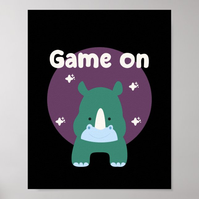 Game on Kawaii funny baby rhino in blue colour  Poster (Front)