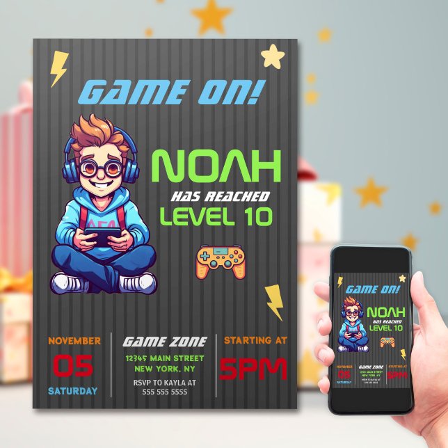 Game On Level Up Fun Video Game Birthday Party Invitation (Creator Uploaded)