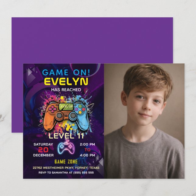  Game On Level Up Video Game Birthday Invitation (Front/Back)