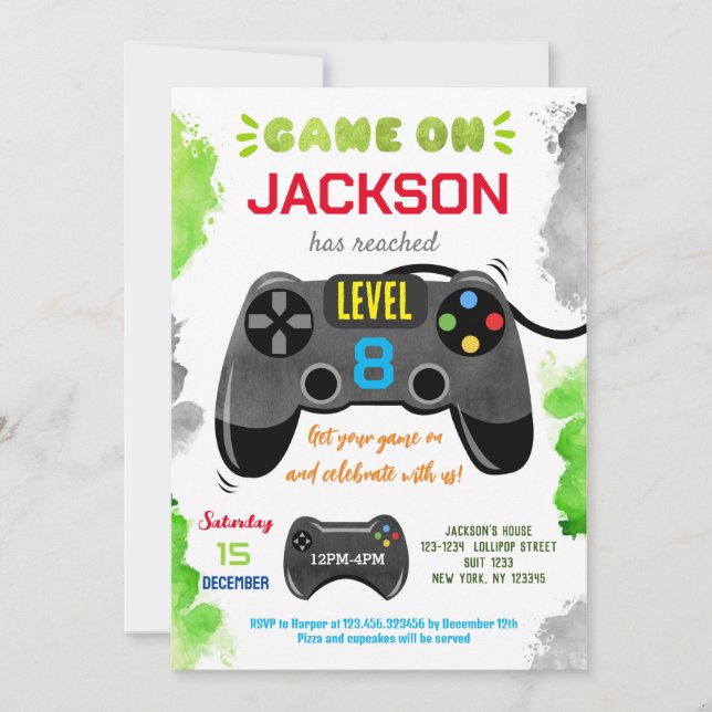 Game On Level Up Video Game Birthday Invitations (Front)