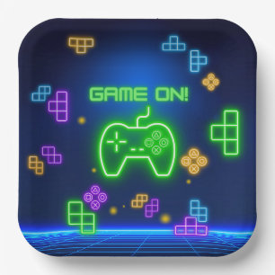 Game on neon green, blue Gamer Paper Plate