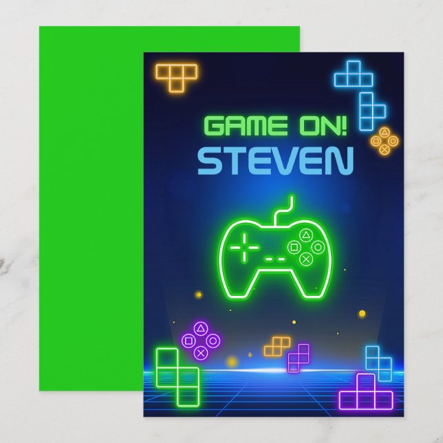 Game on neon green, blue, yellow gamer Invitation (Front/Back)