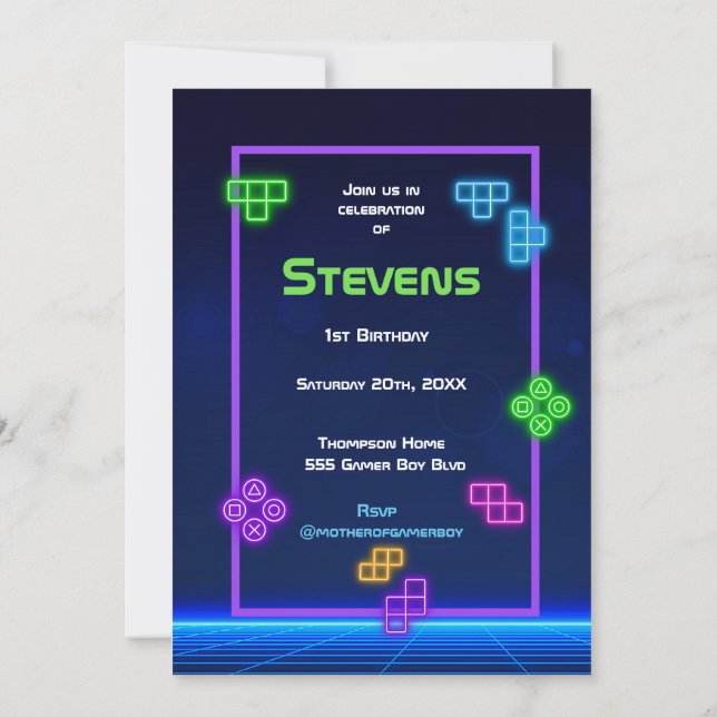 Game on neon green, blue, yellow gamer Invitation (Back)