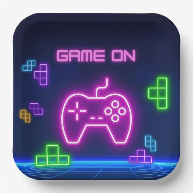Game on neon pink, green Paper Plates (Front)