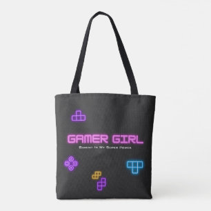 Game on neon pink, green, video gamer tote bag