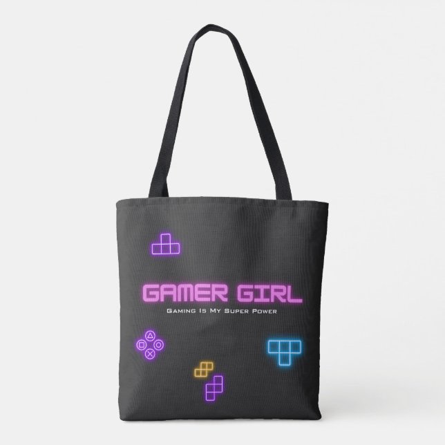 Game on neon pink, green, video gamer tote bag (Back)