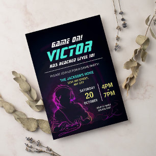Game On Neon Video Game Boy Birthday Party Invitation