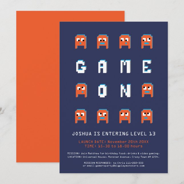 Game on orange monsters gamers birthday party invitation (Front/Back)