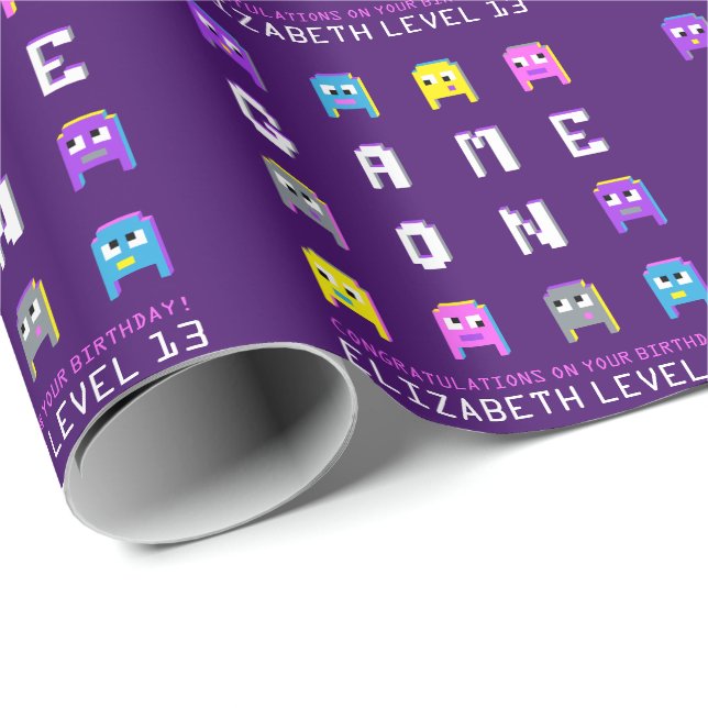 Game on pixel alien gamers purple 13th birthday wrapping paper (Roll Corner)