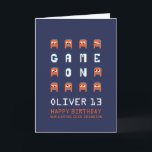 Game on pixel monster alien grandson 13th birthday card<br><div class="desc">Orange alien monster pixel graphic characters on dark blue,  personalized 13th grandson birthday card. Fun crazy block graphic pixel 3d crazy monsters aliens video gaming geek-themed birthday card. Other matching items are available. Designed by www.mylittleeden.com on Zazzle.</div>