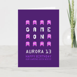 Game on pixel monsters gamer niece 13th birthday card