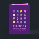 Game on pixel monsters gamer sister 14th birthday card<br><div class="desc">Purple and pink,  blue and yellow colorful alien monster pixel graphic characters on dark purple,  personalized 14th sister birthday card. Fun crazy block graphic pixel 3d crazy monsters aliens video gaming themed sister or other relatives birthday card. Other matching items are available. Designed by www.mylittleeden.com on Zazzle.</div>