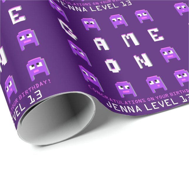 Game on retro alien gamers purple custom birthday wrapping paper (Roll Corner)