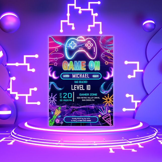 Game On Video Game Neon Birthday Party Invitation (Game On Video Game Neon Party Invitation)