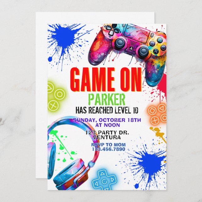 Game on, Video game party, Boy birthday, arcade Invitation (Front/Back)
