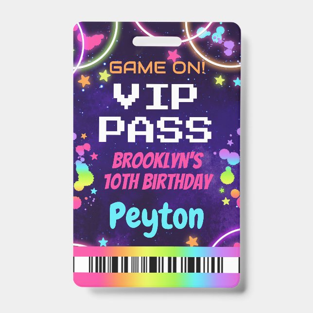 Game On VIP Pass for Girls Arcade Party Badge (Front)