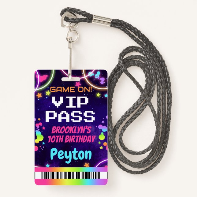 Game On VIP Pass for Girls Arcade Party Badge (Front with Lanyard)